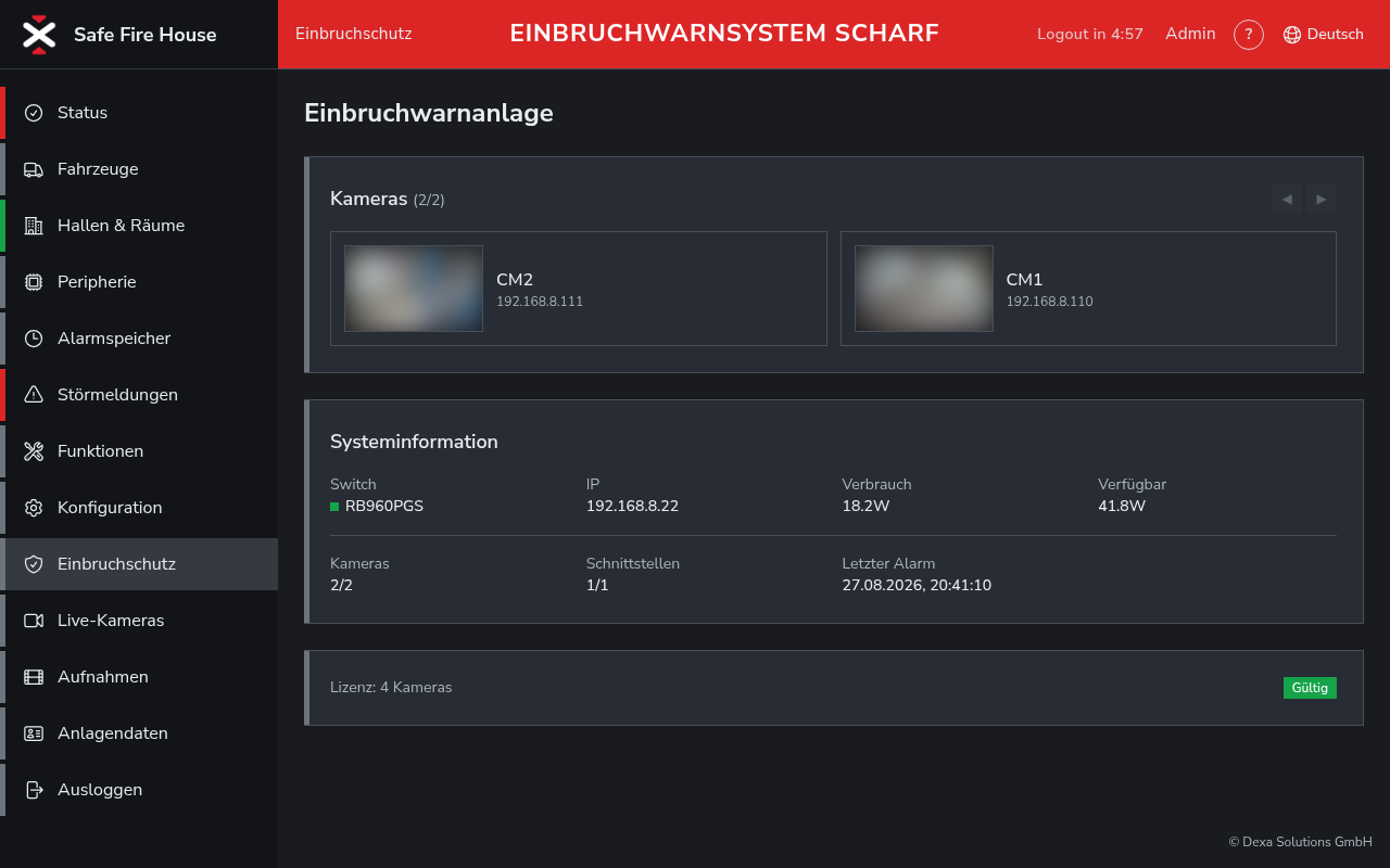 Ansicht Einbruchschutz mit Kameraübersicht und Systeminformation