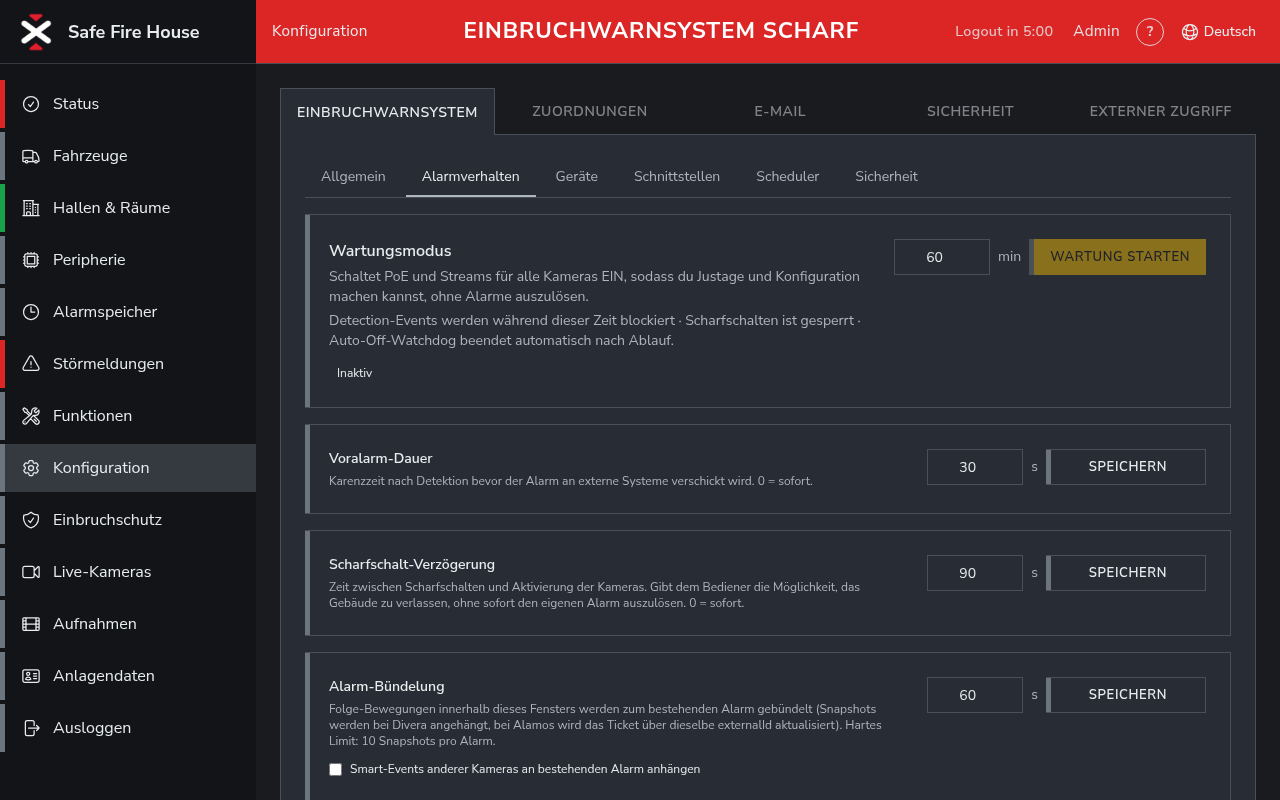 Reiter Alarmverhalten mit Wartungsmodus